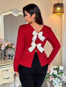 Vionelle Plus Size Women's Red And White Autumn Elegant Party 3D Organza Bow Back Knit Long Sleeve T-Shirt Jumper,Valentine's Day V Neck Pullover Casual Top - Red - View 1