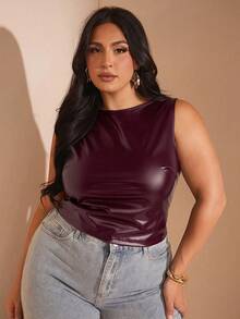 SHEIN BAE Camiseta de tirantes de mujer de verano de cuero sintético PU plisado y ajustado - Burdeos - Ver 5