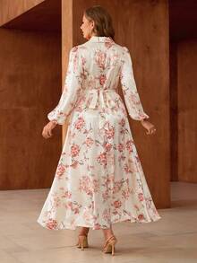 Flirla Plus Size Women's French Style Casual Elegant Floral Print Fitted Long Sleeve Dress Blouse Dress Floral Modest Summer Dresses Long Sleeve Floral Dress Long Sleeve Summer Dresses Floral Dress Women Elegant Floral Two Piece Set Vacation Jumpsuit Woman Floral Romper Women Floral Jumpsuit For Women Cottagecore Dress - Multicolor - View 2