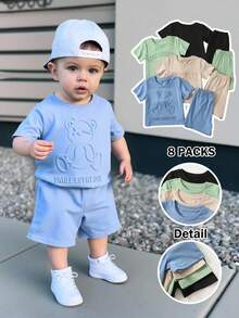 8 peças/Conjunto Confortável Casual Versátil para Uso Diário de Bebês Meninos/Meninas, Camiseta de Manga Curta com Letras em Relevo e Shorts, Adequado para Primavera/Verão, Uso Diário, Esportes, Passeios, Escola, Festas, Férias, Sessões de Fotos, Viagens - Multicolorido - Visão 1
