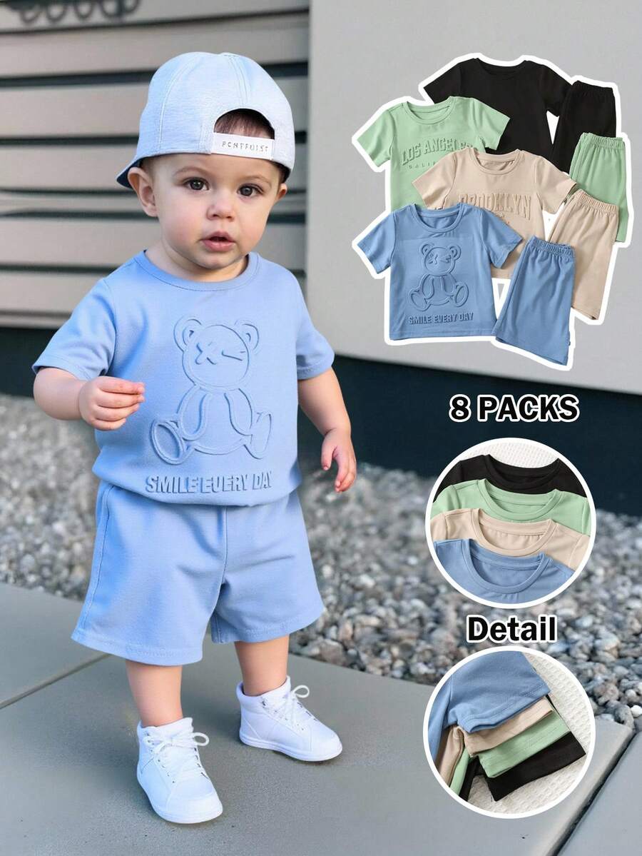 8 peças/Conjunto Confortável Casual Versátil para Uso Diário de Bebês Meninos/Meninas, Camiseta de Manga Curta com Letras em Relevo e Shorts, Adequado para Primavera/Verão, Uso Diário, Esportes, Passeios, Escola, Festas, Férias, Sessões de Fotos, Viagens - Multicolorido - Visão 1