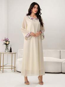 Yasmyna Women's Apricot Long Sleeve Chiffon Ruffle Hem Elegant Arabic Style Dress, Spring/Summer