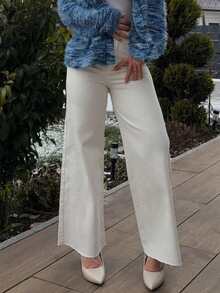 Jeta Ari Solid Color Wide Leg Jeans With Slanted Pockets And Frayed Hems, Suitable For All Seasons - White - View 5