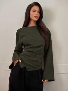 Aloruh 女士秋冬新款时尚通勤腰部褶皱不对称下摆长喇叭袖V领套头衫 - 軍綠色 - 查看 4