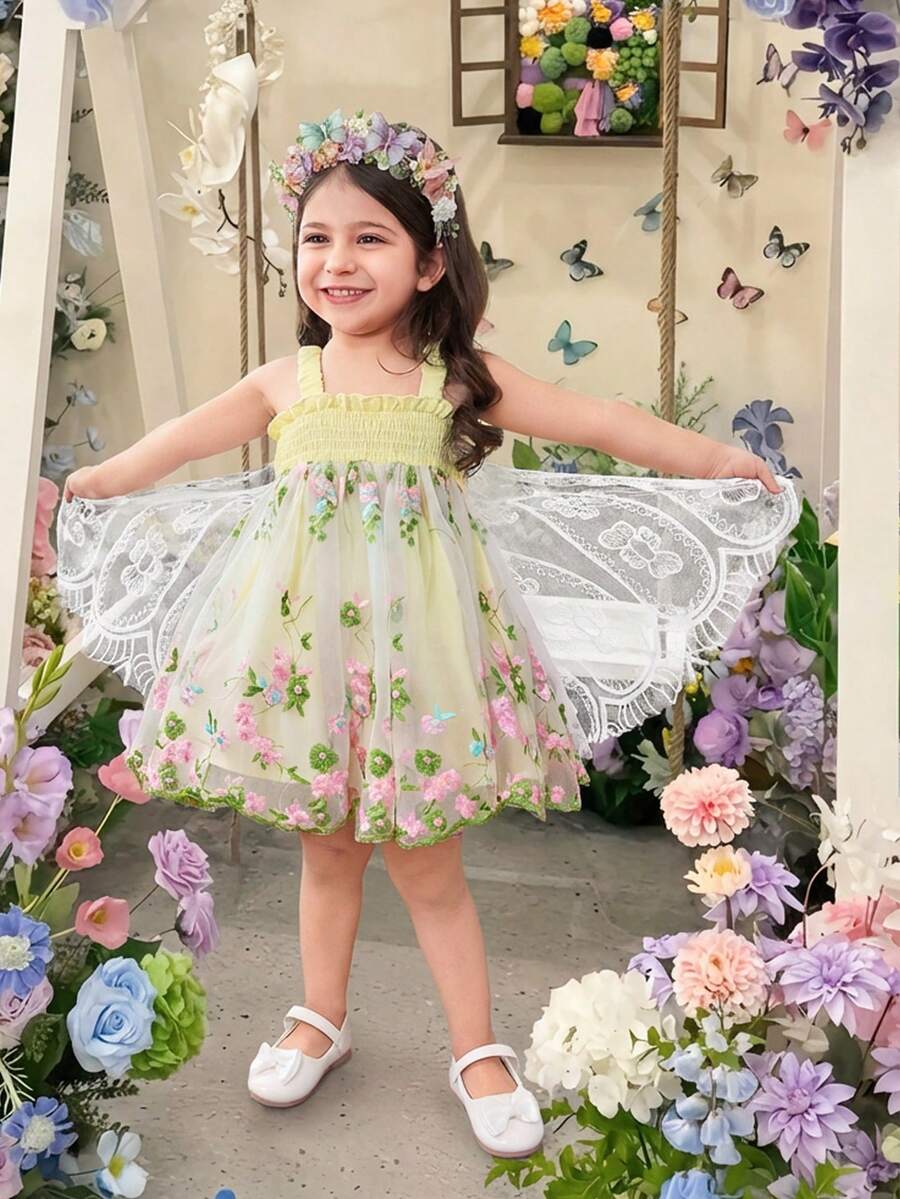SHEIN 女婴可爱刺绣褶饰荷叶边下摆梭织连衣裙 - 彩色 - 查看 1
