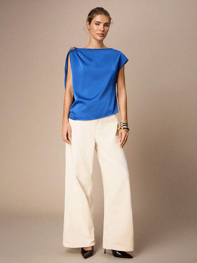 SHEIN Maija Women Dusty Blue Elegant Woven Fabric Asymmetrical Neck Ruched Batwing Short Sleeve Top