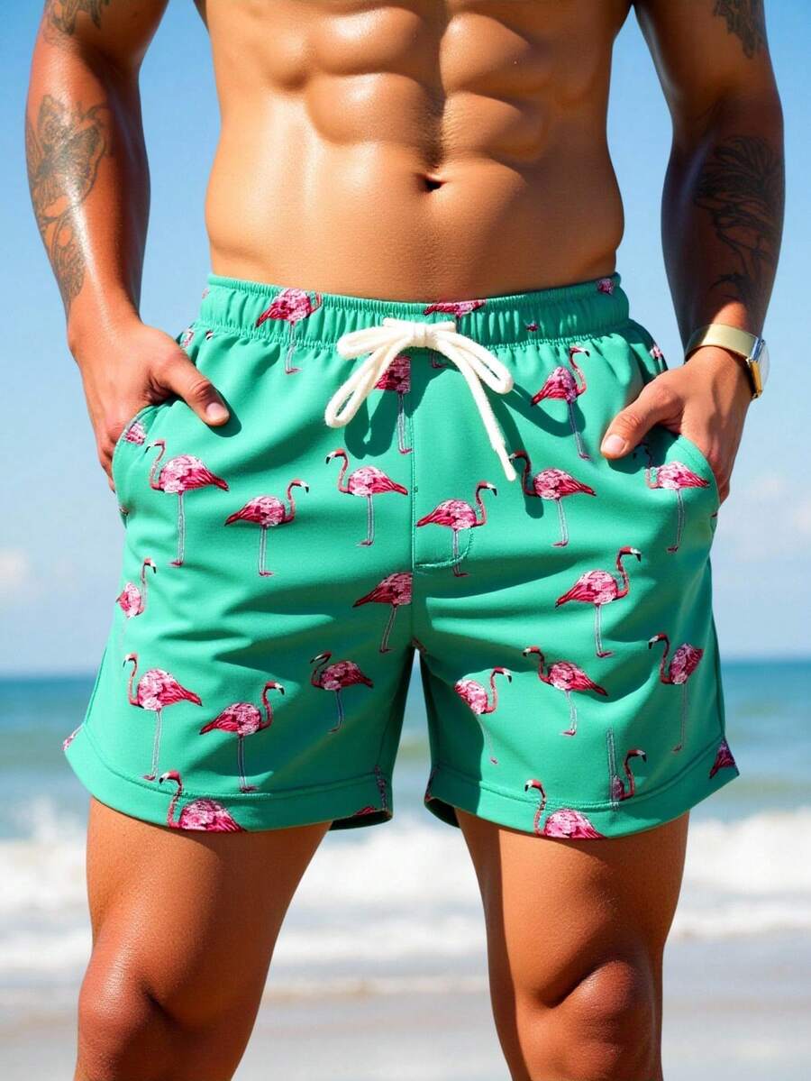 Manfinity Swimmode Men's Drawstring Waist Pockets Flamingo Print Casual Beach Shorts - Mint Green - View 1