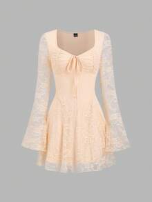 Sweetra Y2K Sexy Square Neck Pleated Flare Sleeve Versatile Commuter Dress - Champagne - View 3