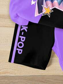 Bộ đồ 2 món thời trang thường ngày cho bé gái, họa tiết hoạt hình K-POP, màu tím và đen phối tương phản, gồm áo thun ngắn tay cổ tròn và quần short cùng màu, thích hợp cho các hoạt động ngoài trời mùa xuân/hè. - Nhiều màu - Xem 5