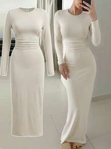 SHEIN Teen Girl Plain Pleated Round Neck Long Sleeve Fitted All-Match Versatile Simple Dress - Apricot - View 1