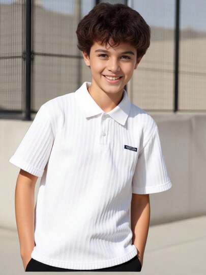 Boys' Casual Textured Polo Shirt, Collared, Minimalist Design, Summer New Arrival