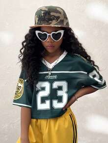 Coolane Kids 少女春夏街头风闪亮透气网眼数字图案绿色V领短袖针织T恤，Y2K风格，针织T恤 - 綠色 - 查看 2