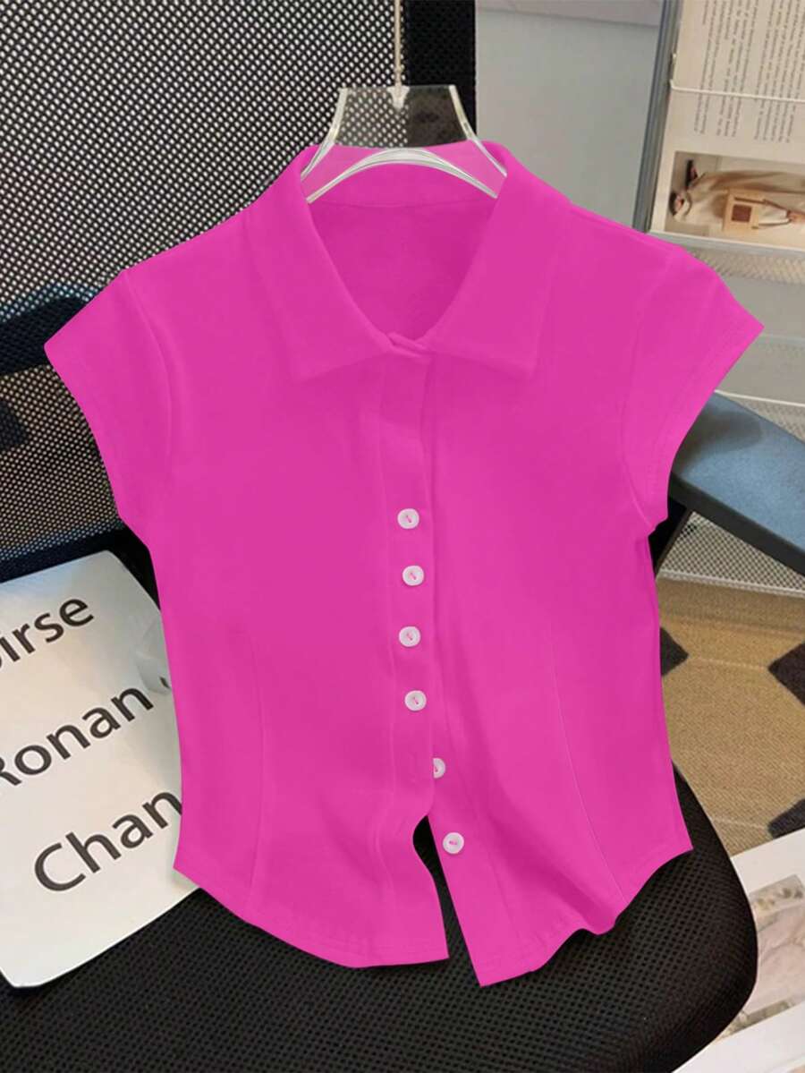 GlowEve Solid Color Front Button Casual Slim Fit T-Shirt, Summer - Hot Pink - View 1