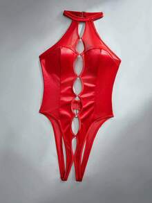 SHEIN Valentine's Day Sexy Series Mesh Hollow Bow Sexy Jumpsuit For Women - Red - View 6