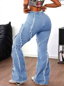 SHEIN ICON Women's Casual Distressed Slim Fit Flare Leg Jeans - Light Wash - View 2