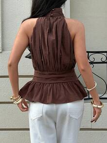 Siren Gaze 棕色露背金属扣装饰棉质女式衬衫 - 棕色 - 查看 2