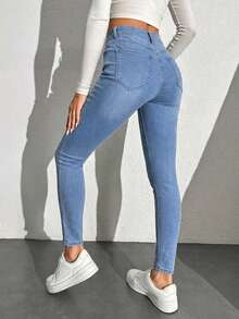 SHEIN PETITE 98% Cotton Women's Skinny Ripped Jeans ,Petite Women - Baby Blue - View 2