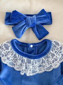 2pcs Newborn Baby Girl Fleece Romper With Lace Trim, Long Sleeve Footie Jumpsuit & Headband Set, Elegant Princess Style, Autumn/Winter Blue Baby Outfit Infant Blue Clothes Newborn Royal Blue Blue Baby Girl Outfit Blue Newborn Baby Set - Blue - View 6