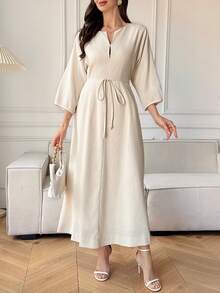 Vivie Lora Women's V-Neck Waist Cinched Midi Linen Dress, Vacation Style Sundress - White - View 5