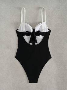 Swim Chiccia 1pc Women's Black & White Splice Front Zipper Adjustable Crisscross Back One-Piece Swimsuit - Black and White - View 4