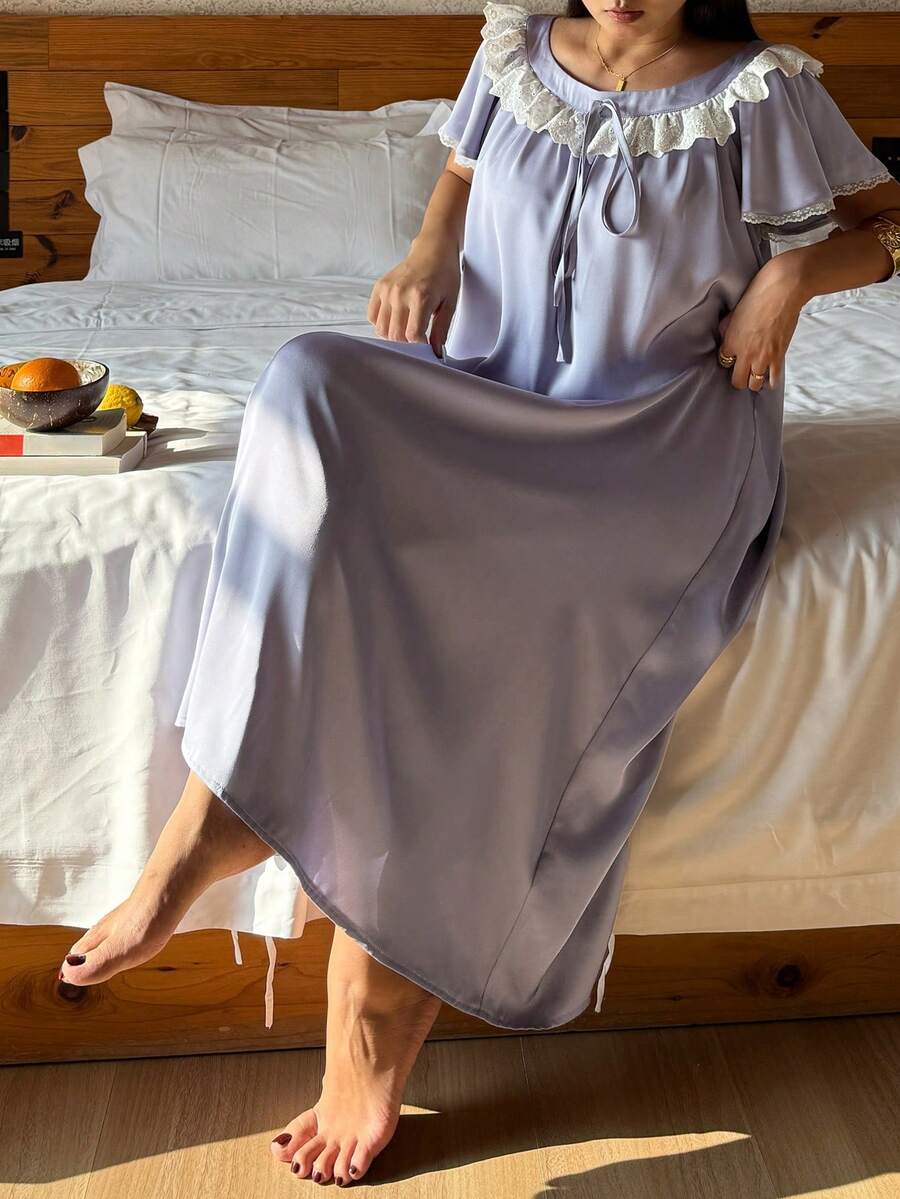 DAZY Midi Length Women's Nightgown With Contrast Color Embroidery And Ruffle Trim - Purple - View 1
