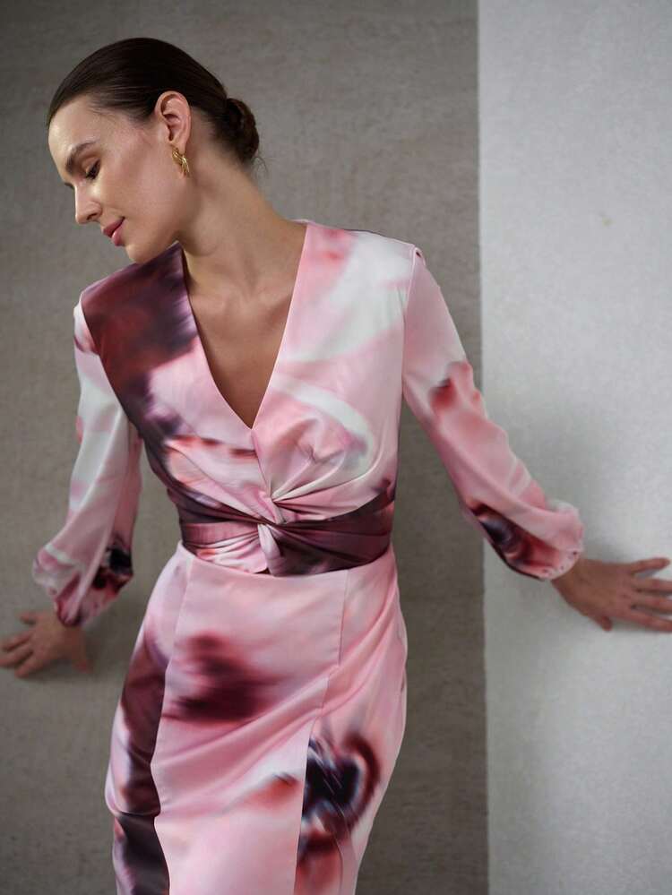 WOMEN'S V-NECK TWIST FISHTAIL HEM LONG SLEEVE DRESS, SPRING/SUMMER
