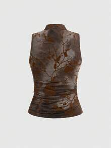 ROMWE Avant Blusa de cuello Mao de ajuste ceñido con estampado de batik floreado retro para mujeres - Café integral - Ver 2