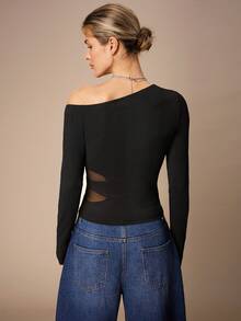 Maija Women's Going Out Black Asymmetric Shoulder Top With Waist Mesh Inset Long Sleeve Mesh Top Black See Through Top Spring Outfit Women Off Shoulder Mesh Valentine's Day Elegant Women's Blouses Spring To Summer - Black - View 5