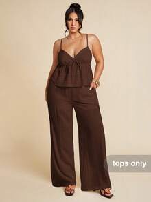 SHEIN BAE Plus Size Women's White Linen Camisole Top, Lace Patchwork Blouse, Suitable For Concerts, Spring/Summer/ - Coffee Brown - View 1