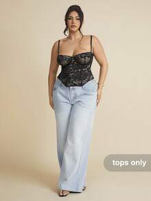 SHEIN BAE 加性感蕾丝透视吊带背心，派对、约会、休闲、通勤、可爱文胸、性感俱乐部上衣、紧身胸衣外出夏季蕾丝上衣 - 黑色 - 查看 2