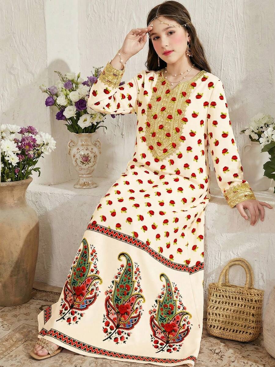 复古甜美度假风玫瑰几何印花图案，少女休闲简约长袖连衣裙，适合秋冬季节，可爱穆斯林女孩半身裙，穆斯林半身裙，伊斯兰礼物，祈祷长袍，舒适休闲，度假风，端庄长袍，阿拉伯长袍，伊斯兰礼物，可爱穆斯林女孩阿拉伯长袍，舒适休闲，度假风 - 彩色 - 查看 1