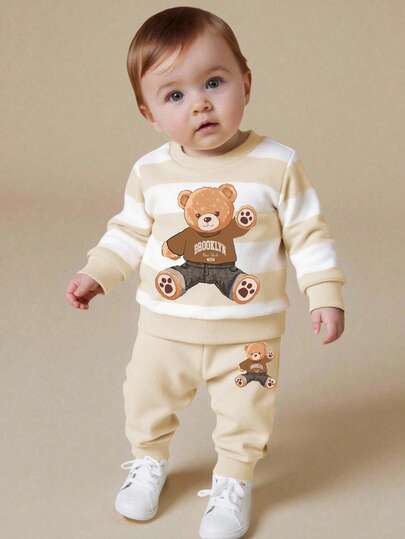SHEIN GraphicGems 2pcs/Set Baby Boy Casual Fashionable Outfit, Includes Striped Bear Graphic Sweatshirt And Matching Sweatpants, Comfortable And Versatile For Autumn/Spring