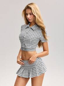 Sweetina Women's Casual Plaid Collar Cardigan Top And Waist Splicing A-Line Skirt 2 Piece Set