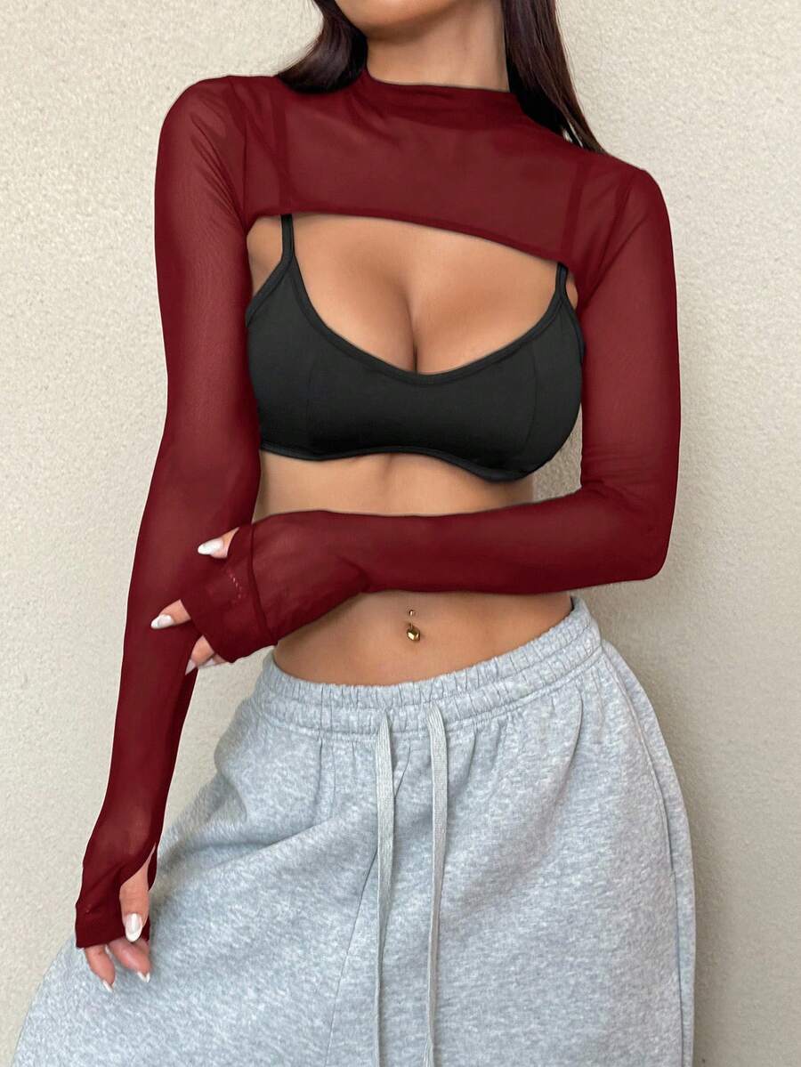 SHEIN EZwear Black Sheer Mesh Mock Neck Tight Top - Burgundy - View 1