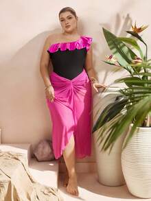 Swim Oasis Plus Size Colorblock Elegant Summer Vacation One Piece Swimsuit + Skirt Cover-Up, Purple Elegant Contrast Black One-Shoulder Ruffle Trim One-Piece + Skirt Cover-Up Plus Size One-Piece Swimsuit - Multicolor - View 5