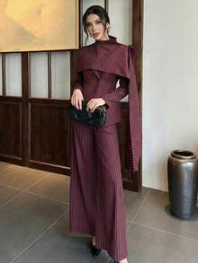 Firerie Women's Elegant & Sophisticated Commuting Office Urban Chic Street Fashion New Year Valentine's Day Spring Shawl Collar Striped Blazer Jacket And High Waist Wide Leg Pants Two Pieces Suit, Burgundy - Burgundy - View 3