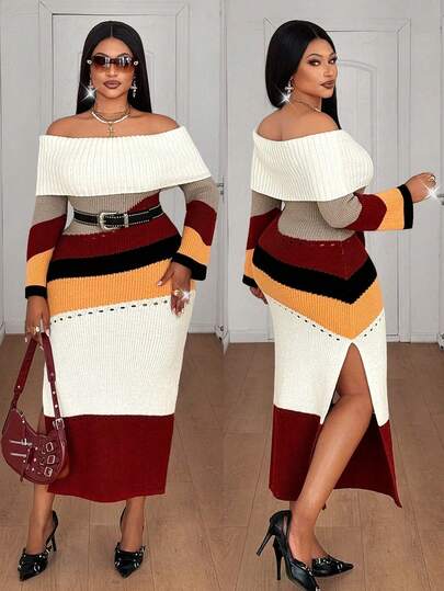 Maweii Vestido de suéter largo de punto con escote bardot, manga larga, cuello vuelto, recortes y abertura alta, diseño elegante y glamoroso de estilo callejero retro estadounidense para fiestas y cócteles, en color vino tinto, para mujer, tallas grandes, primavera, otoño, invierno