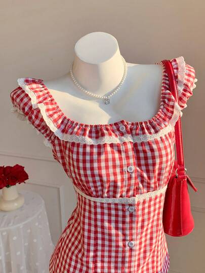 Comfortcana Women's Casual Plaid Ruffle Puff Sleeve Blouse, Summer Red Tops For Women Elegant, Vacation, Casual, Y2k ,Clothes Summer Spring Valentine's Day Valentine Clothes Carnival Beach Birthday Party Wedding Going Out Outfits For Women  Red Gingham Top Red Checkered Top Cottagecore Top Picnic Dress Gingham Mini Top
