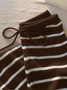 Comfortcana 女士休闲抽绳黑白条纹裤 - 棕色 - 查看 6