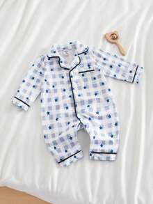 Newborn Baby Boy Vintage Kawaii Cute Plaid Heart Print Pocket Jumpsuit, Long Sleeve Pants, Casual Comfortable Sleepwear, Autumn Night Photoshoot White - Blue - View 3