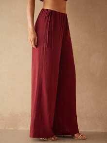 Silquee Pantalones sueltos de mujer con cintura de cordón de lino - Burdeos - Ver 4
