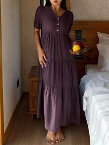 DAZY 女士半拉链泡泡袖长款连衣裙家居服 - 紫色 - 查看 8