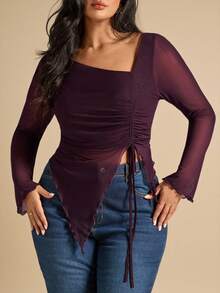 SHEIN BAE Camiseta de mujer talla grande de unicolor con cuello asimétrico, manga larga, dobladillo con cordón, dobladillo dividido, top de fiesta de té, top de mujer talla grande, top de verano para damas, top de fiesta para mujeres, Navidad, estilos acogedores de otoño e invierno, Acción de Gracias para mujeres, top de graduación, invierno para mujeres, top de noche, para mujeres talla grande, top formal, Año Nuevo, Día de San Valentín, top de cumpleaños talla grande, elegante, top sexy, top de cóctel - Café integral - Ver 5