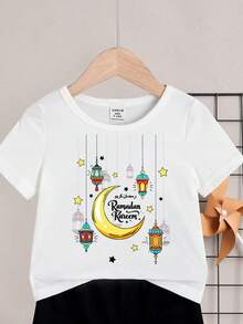 SHEIN 2pcs/Set Boys' Casual Short Sleeve T-Shirt And Shorts Set For Summer, Classic Cartoon Cute Middle Eastern Arabic Boy Pattern Print, Retro Star, Moon, Lantern Graphic Print