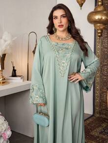 SHEIN Najma CURVE Vestido de manga abullonada con cuello cuadrado, parches de malla y bordados, elegante para primavera/verano - Verde - Ver 4