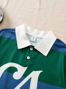 Casuvi Kids Casual & Fashionable, Retro American College Style Striped Tween Boys Polo Shirt, Large M Letter Print Design On Chest, Contrast White Collar, Blue & Green Striped Body, Suitable For School, Commute, Casual, Party Occasions Pullover Shirt Boy Boy Clothes Casual Boy Clothes - Green - View 10