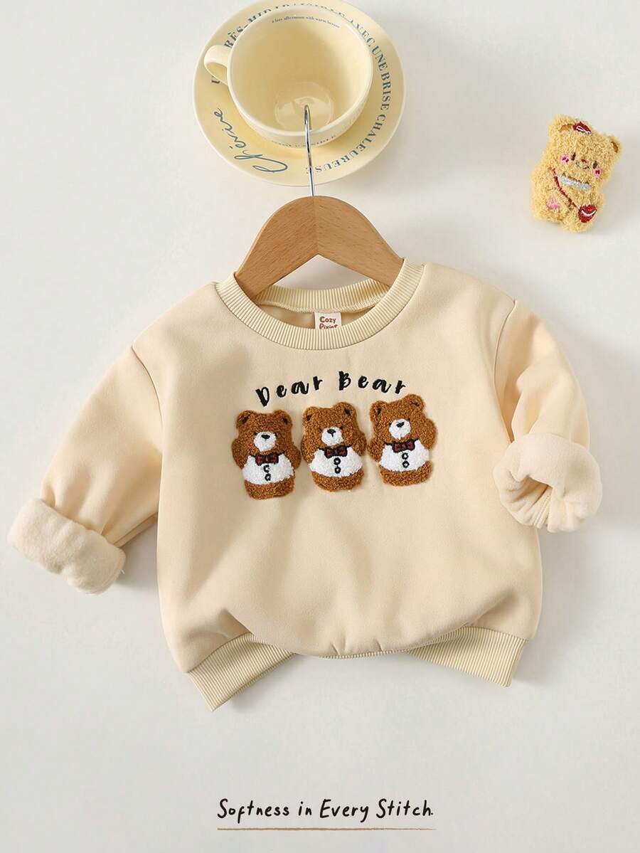 Cozy Pixies 男婴可爱卡通3D小熊图案针织柔软圆领长袖套头卫衣，休闲日常穿着