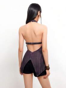 Bloopia Women's Frill Trim Printed Halter Neck Tank Top - Multicolor - View 2