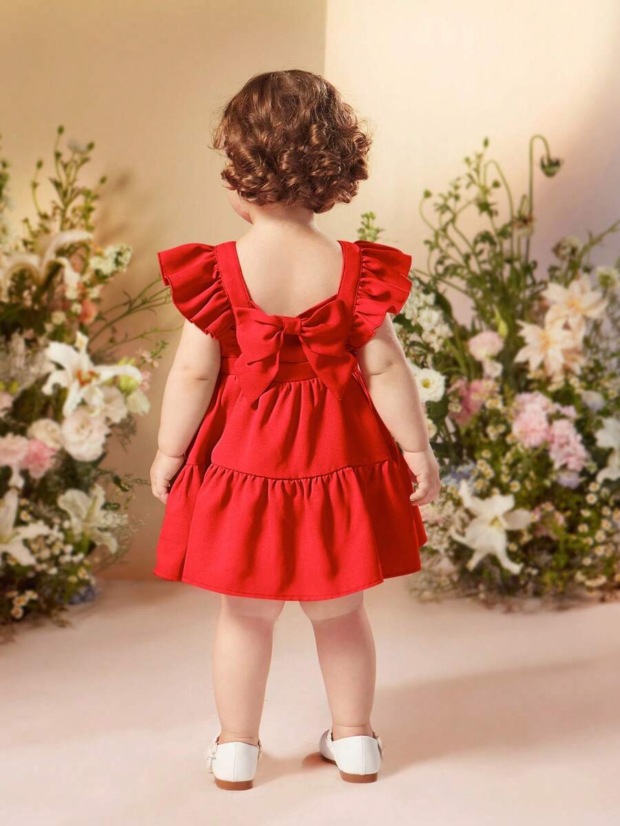 SHEIN Vestido sin mangas de unicolor minimalista con volantes y lazo desmontable para niña bebé en vacaciones de verano - Rojo - Ver 1