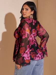SHEIN BAE Plus Size Vintage Paisley Print Front Tie Knit Top, Flare Sleeve Sheer Mesh Printed Blouse, Summer Vacation/Long Sleeve Top/Summer Top/Formal Top For Women/Fall Wedding Guest Top Curve/Club Women Sexy/Teacher/Halloween/Airport/Western/Back To School/Birthday Top - Purple - View 5